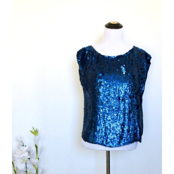 Alice + Olivia Sequin Silk Blouse Top Sleeveless Blue SZ S - Picture 1 of 9